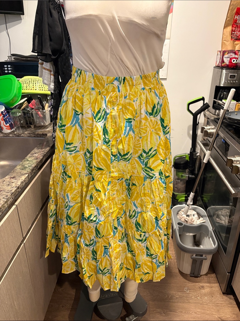 Aqua Yellow Lemon-Print Tiered Midi Skirt